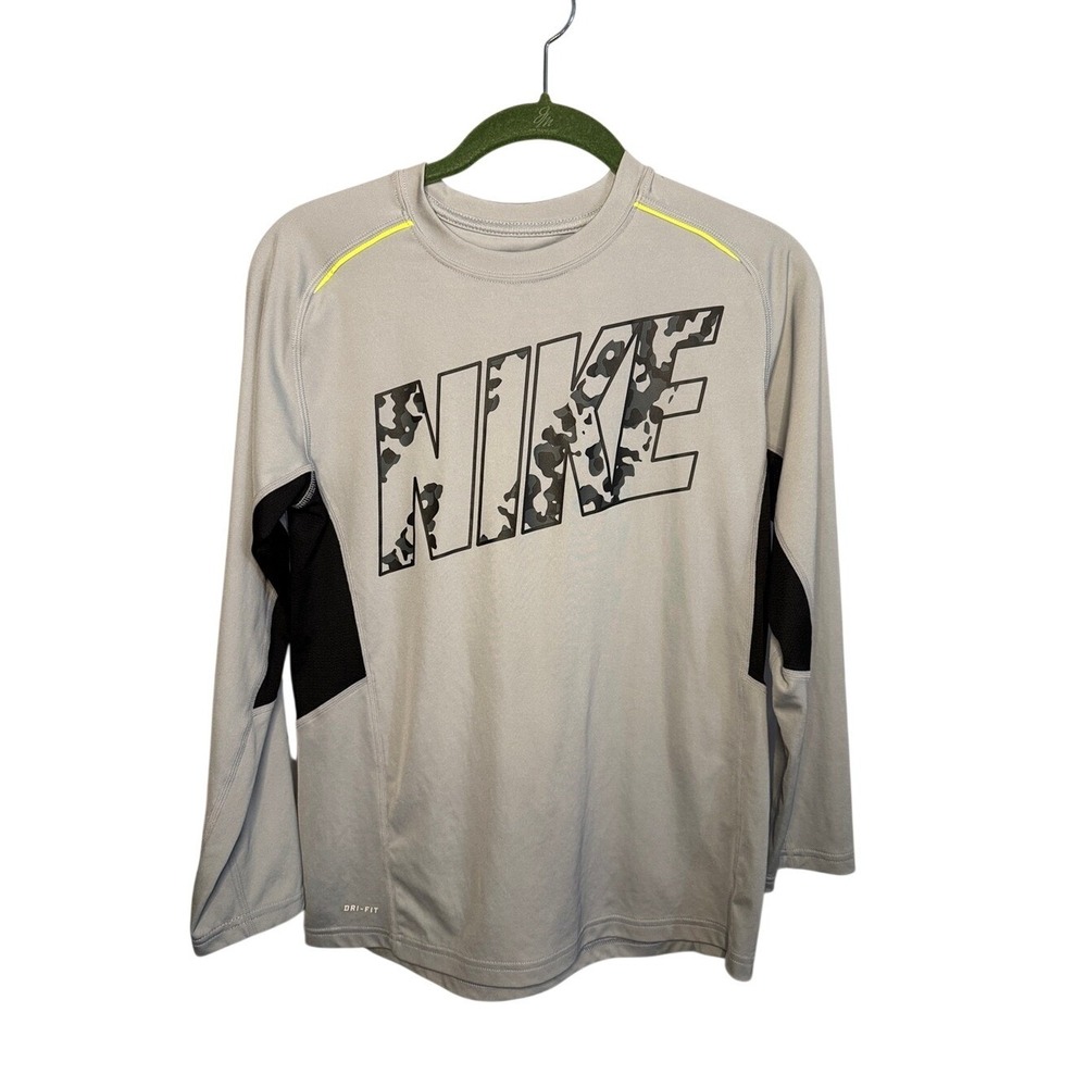 Nike Boys Dri-FIT Gray Long Sleeve Camo Logo Graphic Athletic Shirt 707556-012 L